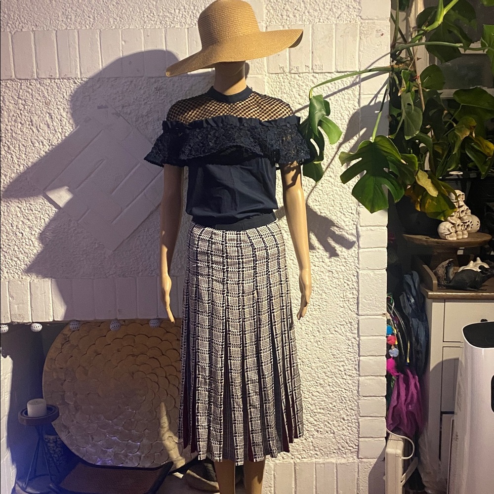Vintage Zara navy blue Checkered pattern long Skirt with multi-colour pleats